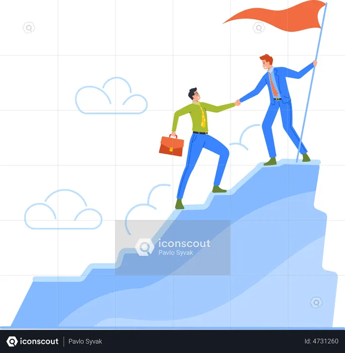 Business Leader Help Colleague Climb to Top of Mountain  Illustration