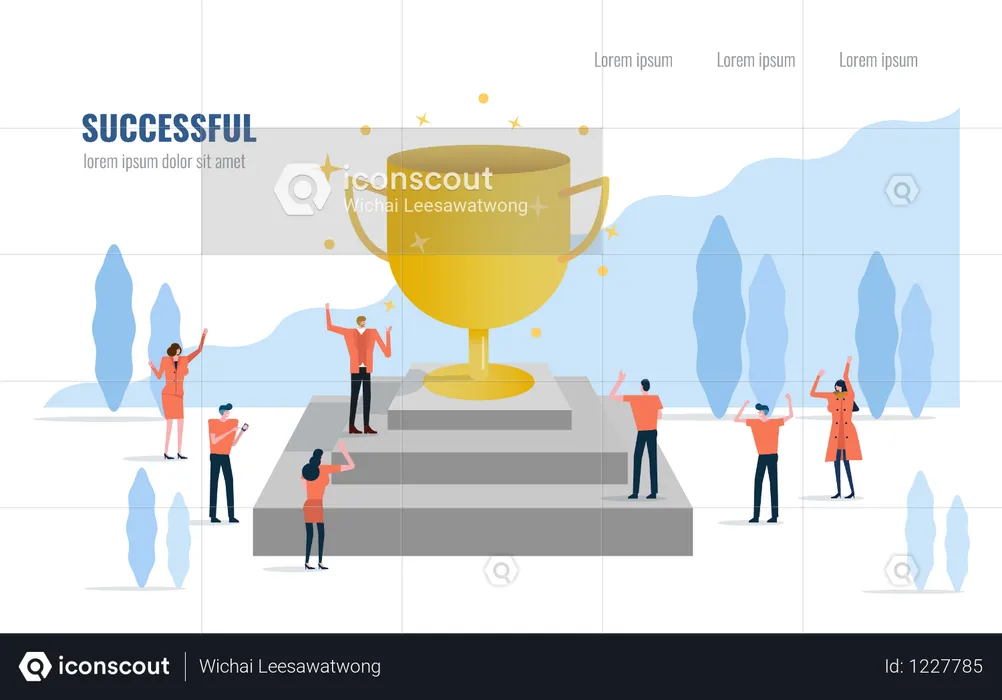 Business leader with a trophy and his team celebrating their success.  Illustration