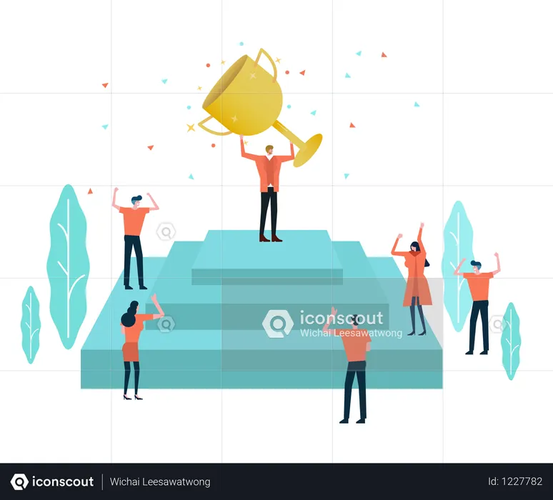 Business leader with a trophy and his team celebrating their success  Illustration