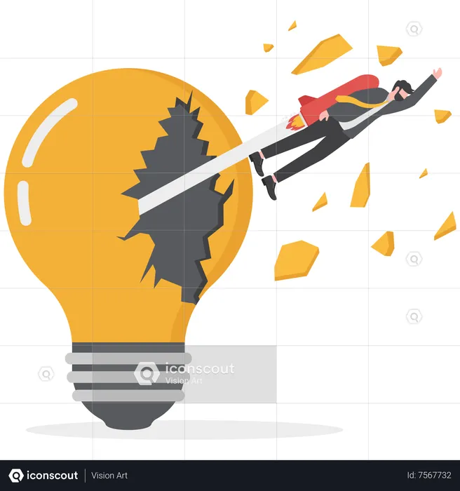 Business man and riding on rocket flying from a huge light bulb  Illustration