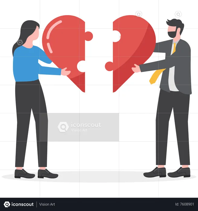 Business man and woman joining together heart shaped jigsaw puzzle  Illustration