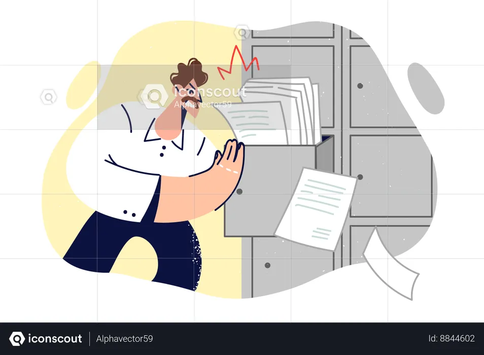Business man angrily closes cabinet overflowing with paper  Illustration