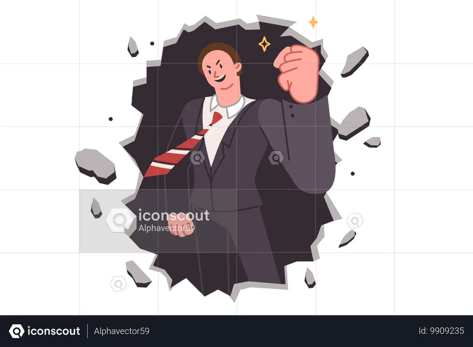 Business man breaks down barrier to success by hitting stone wall to break deadlock  Illustration