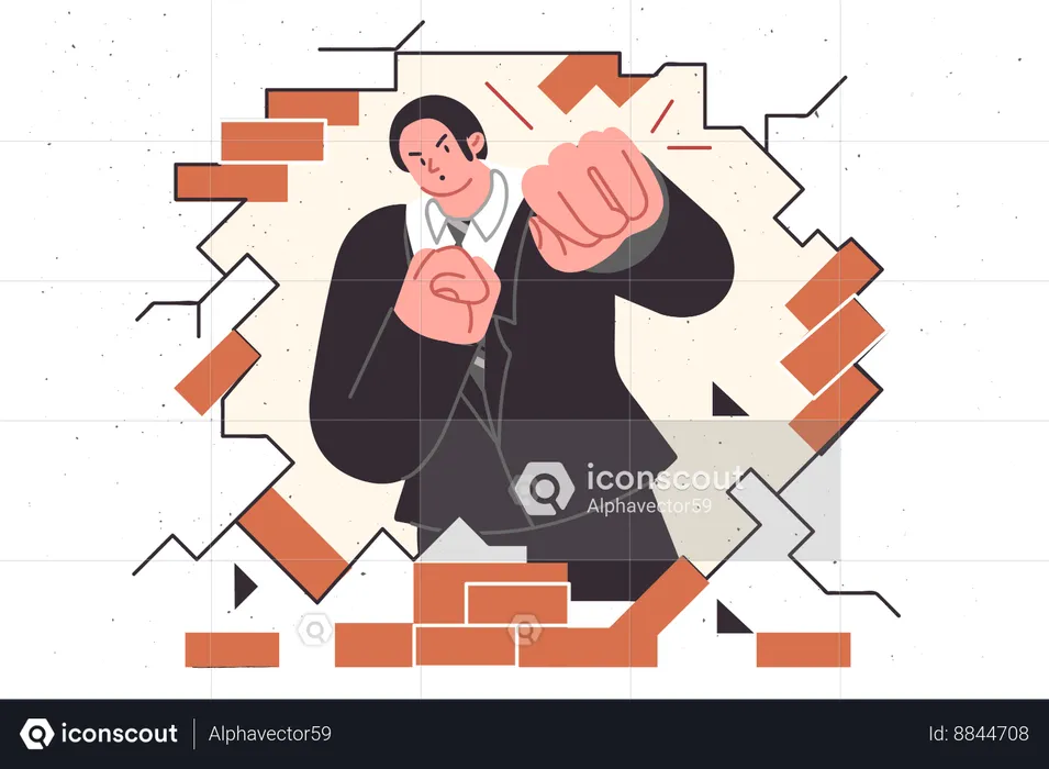 Business man breaks down barriers to achieve goal by hitting brick wall  Illustration