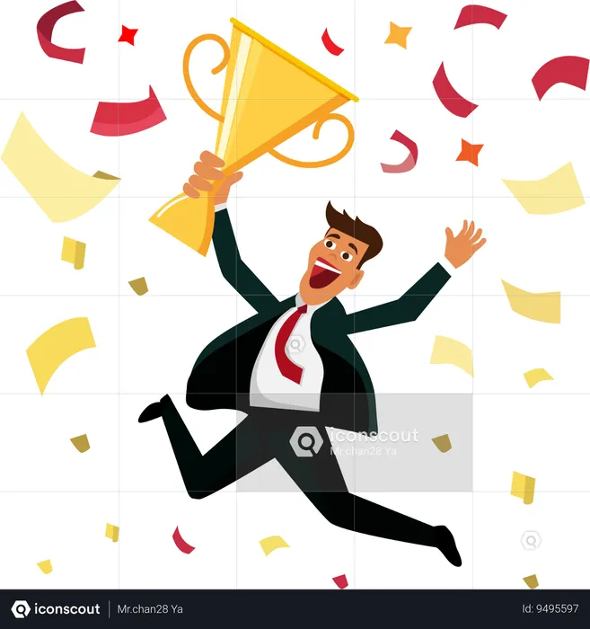 Business man celebrating and jumping with trophy  Illustration