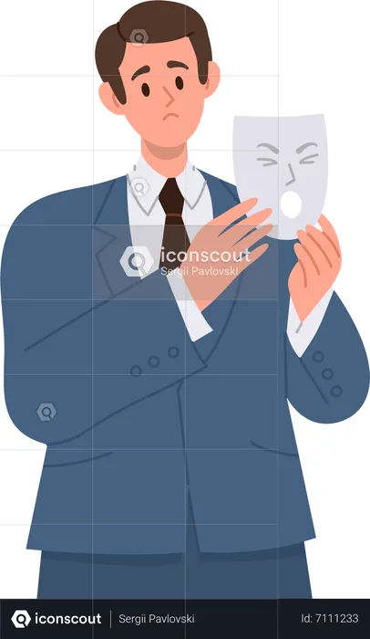 Business man character in suit hiding real sad unhappy emotion under angry screaming face mask  Illustration