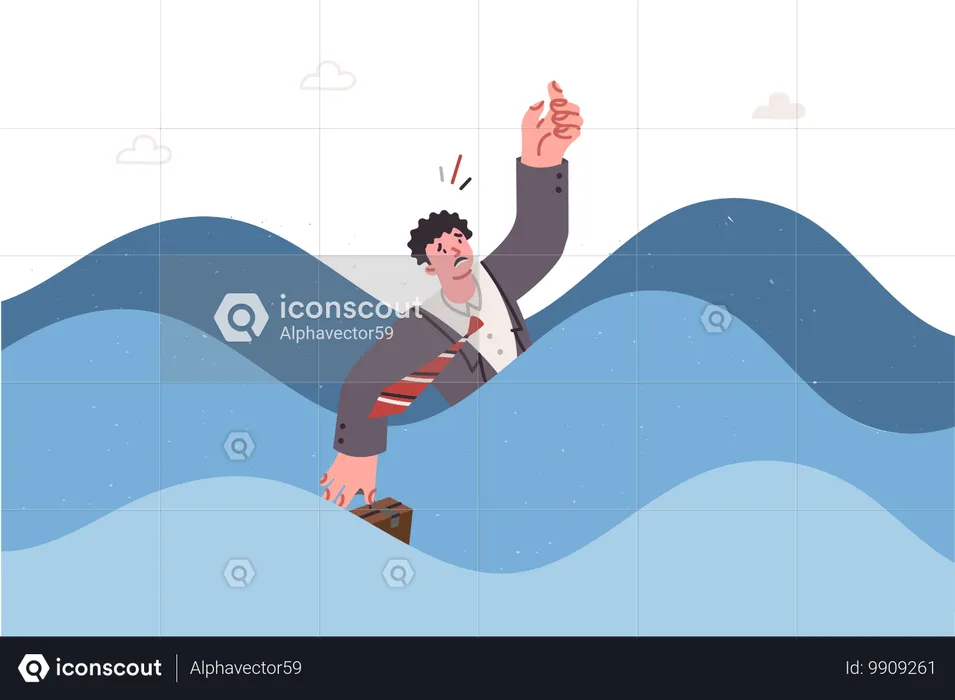 Business man drowning in sea  Illustration