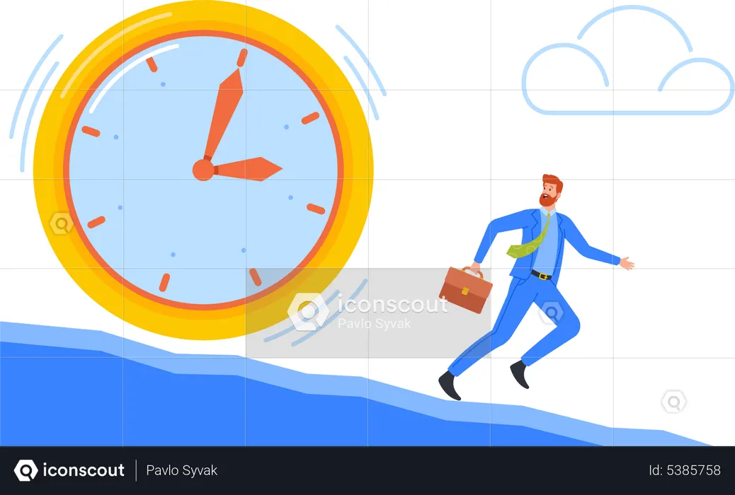 Business Man Escape from Huge Clock Rolling Down from Mountain  Illustration