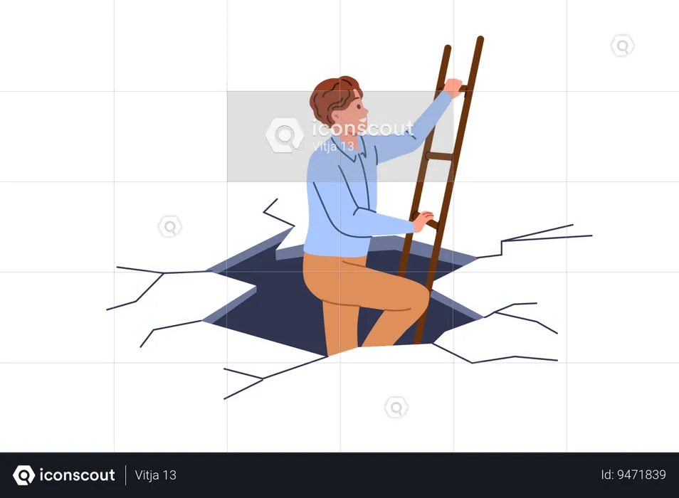 Business man escapes from difficult situation showing courage and climbing stairs from abyss  Illustration