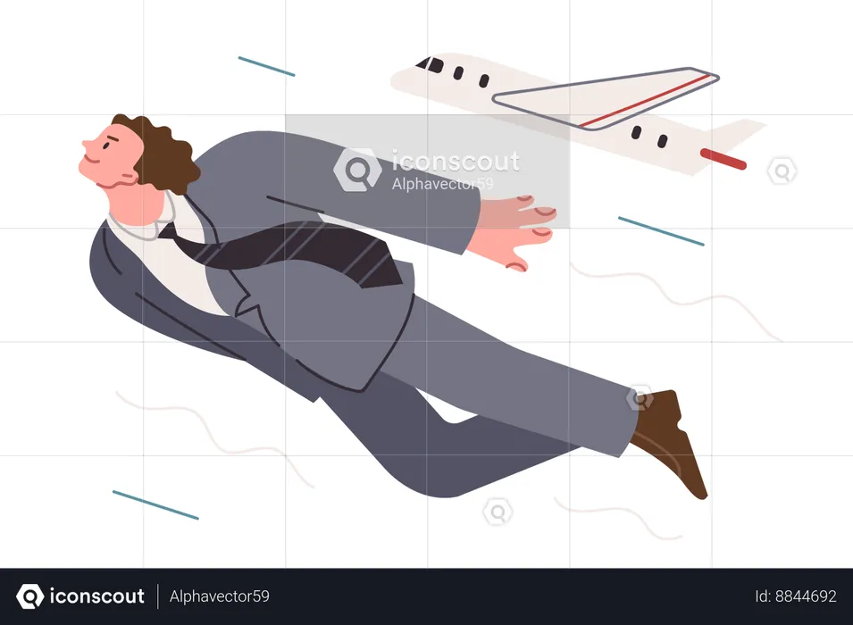 Business man flies in sky near airplane  Illustration