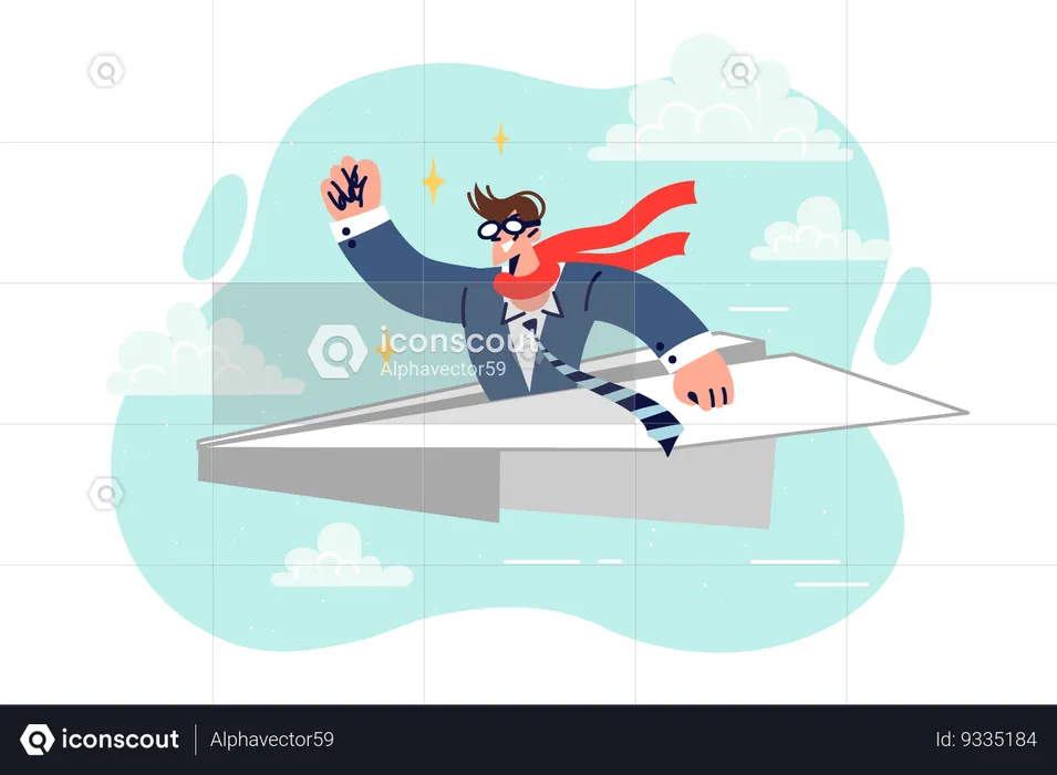 Business man flies on paper plane  Illustration