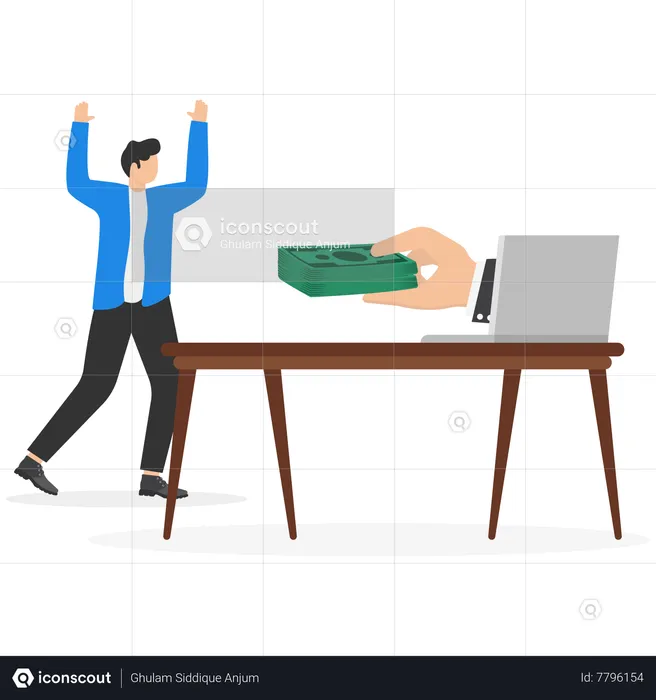 Business man hand giving money banknote to happy employee  Illustration