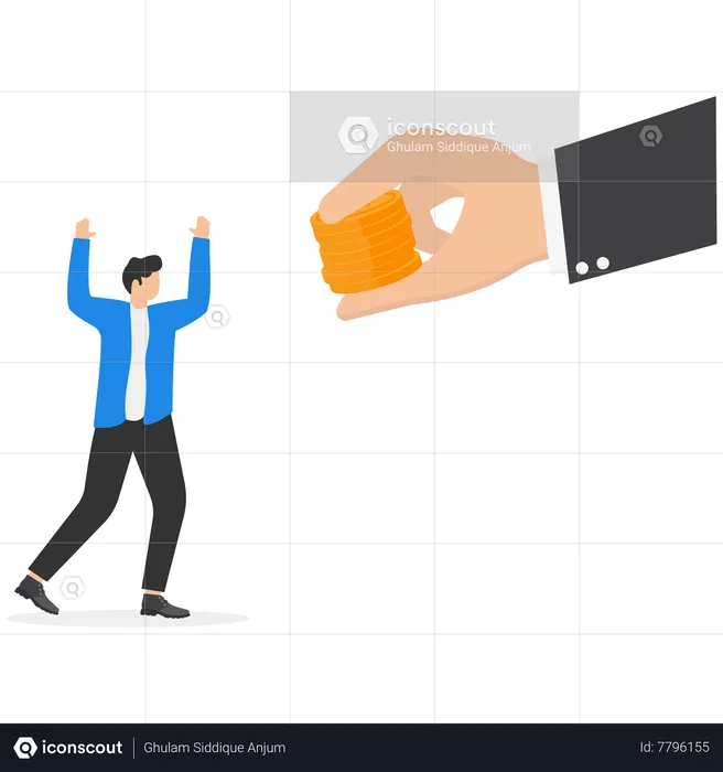 Business man hand giving money dollar coins to happy employee  Illustration