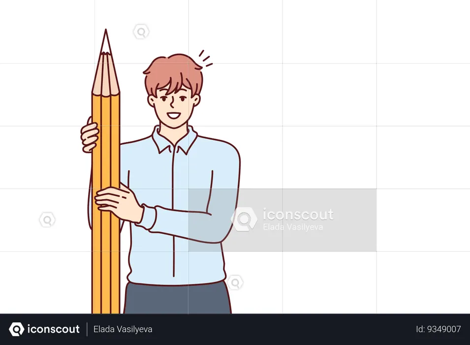 Business man has come up with idea and holding giant pencil standing near drawing of light bulb  Illustration