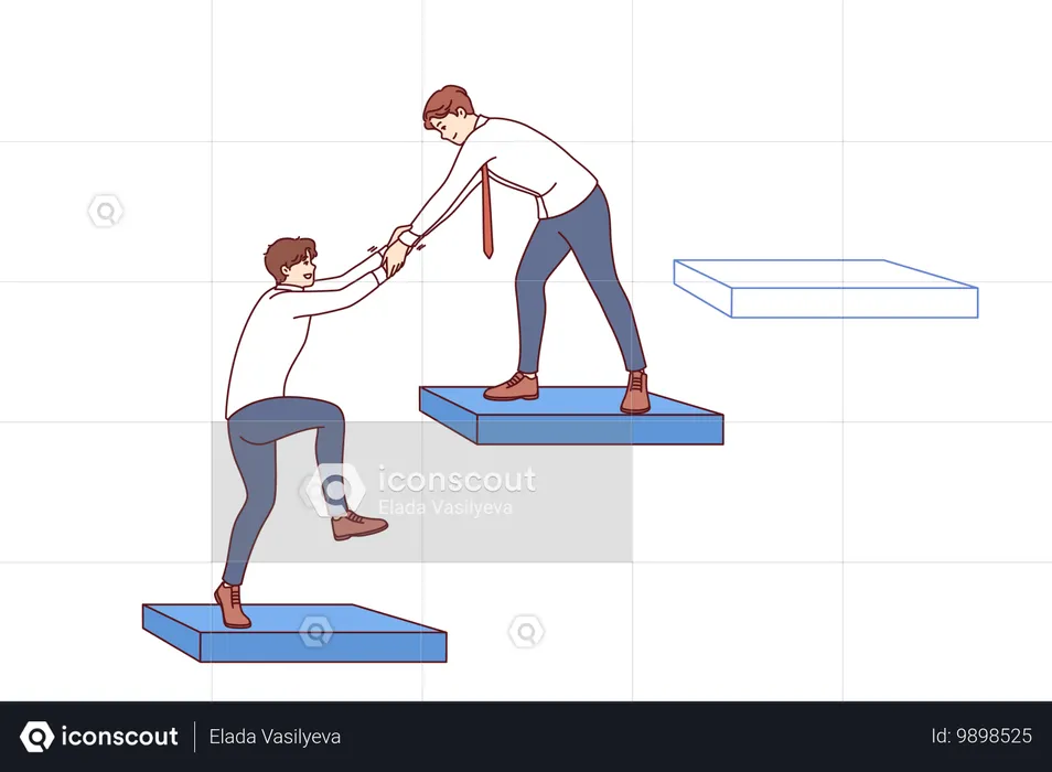 사업가는 파트너가 협업 준비 상태를 보여줌으로써 경력 사다리를 오를 수 있도록 돕습니다.  일러스트레이션