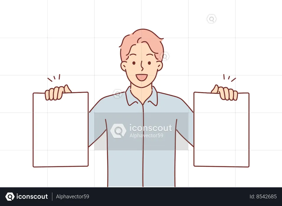 Business man holding two blank sheets  Illustration