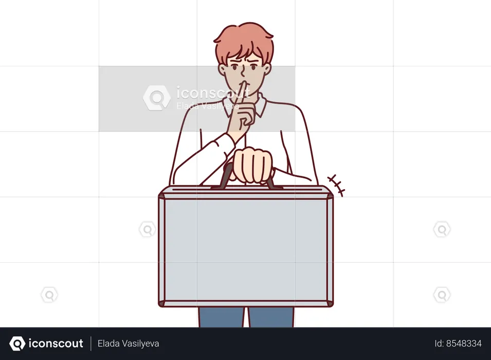 Business man holds suitcase and calls for silence without disclosing terms of contract  Illustration