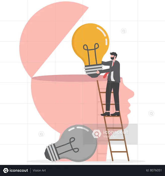 Business Man In Suit Holding Light Bulb On Top Head Human Change Idea  Illustration