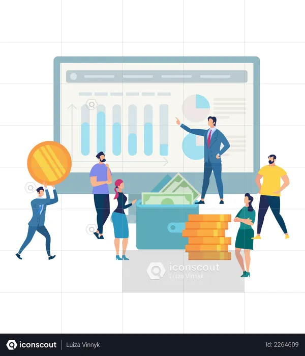 Business Man in Suit Presenting online investment Graphs and Charts  Illustration
