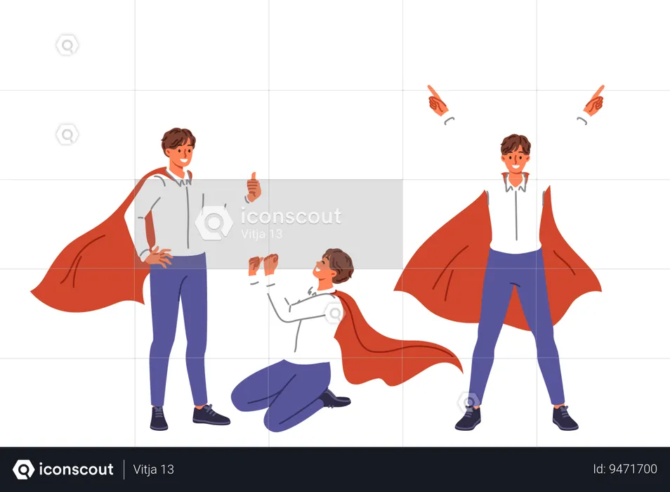 Business man in superhero cape rejoices in victory taking different poses and making joy gestures  Illustration