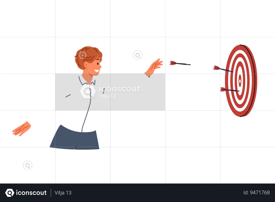 Business man is trying to hit target and achieve desired result by throwing darts at dartboard  Illustration