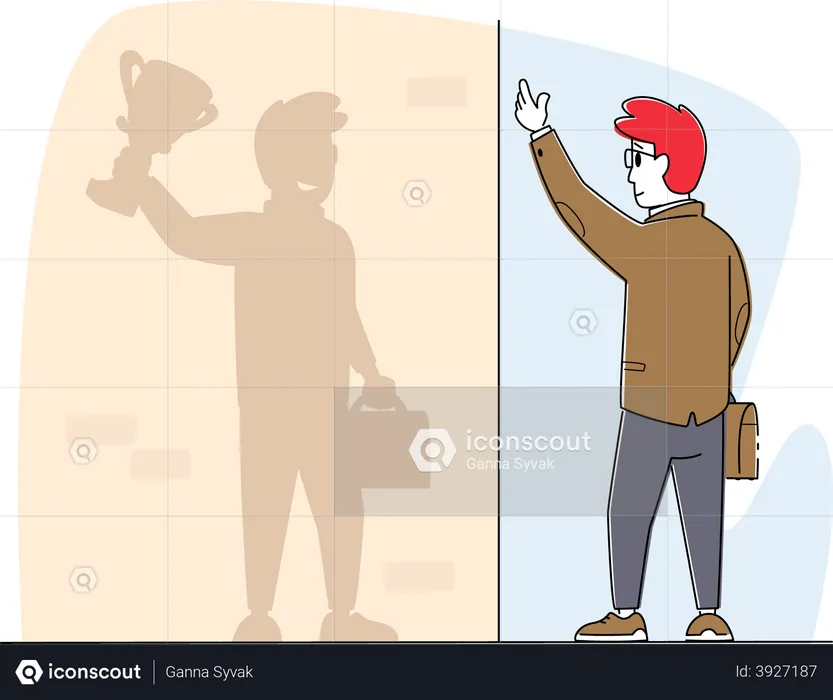 Business Man Look on Wall Shadow See himself as Successful Leader Holding Winner Trophy  Illustration
