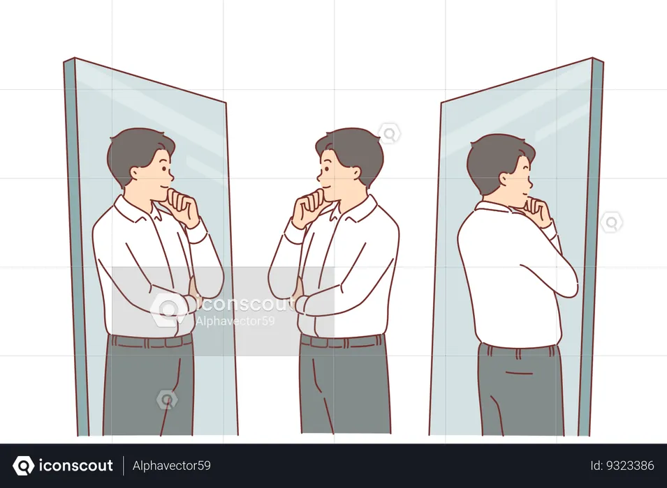 Business man looks in mirror trying on new formal clothes and touches chin with smile  Illustration