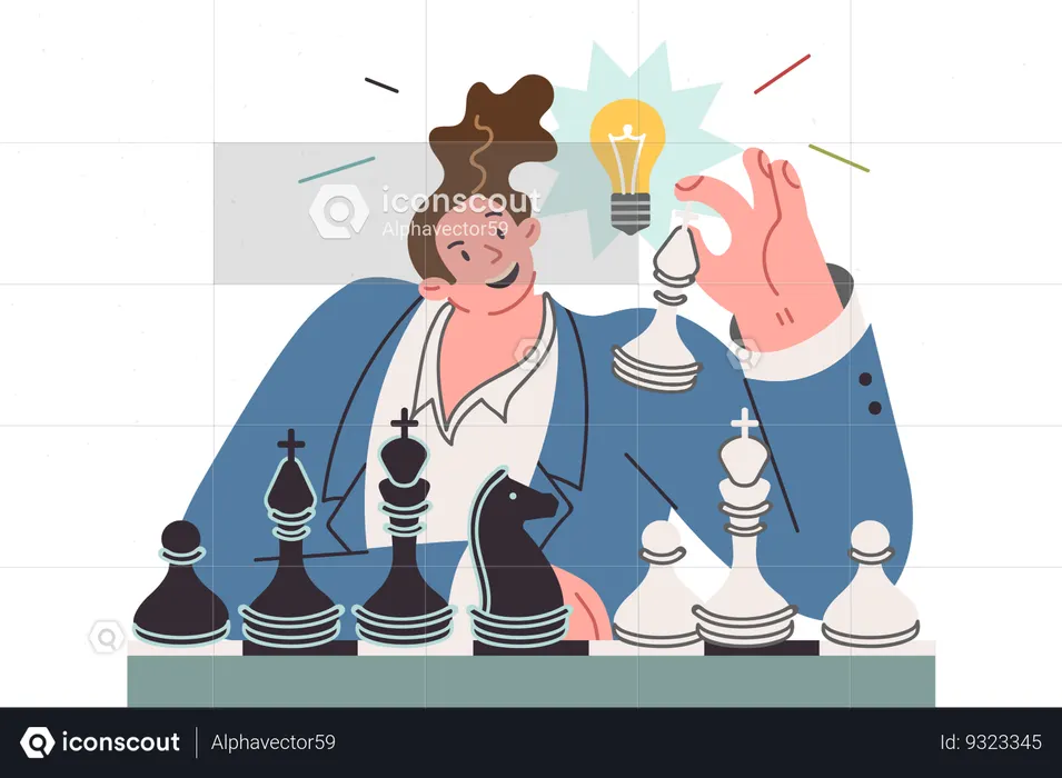 Business man plays chess coming up with new idea sitting with light bulb above head  Illustration