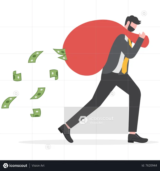 Business man running carrying a big sack full of cash money falling from it  Illustration