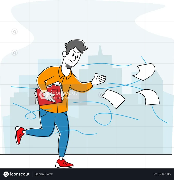 Business Man Running Fast Trying to Catch Flying Documents  Illustration
