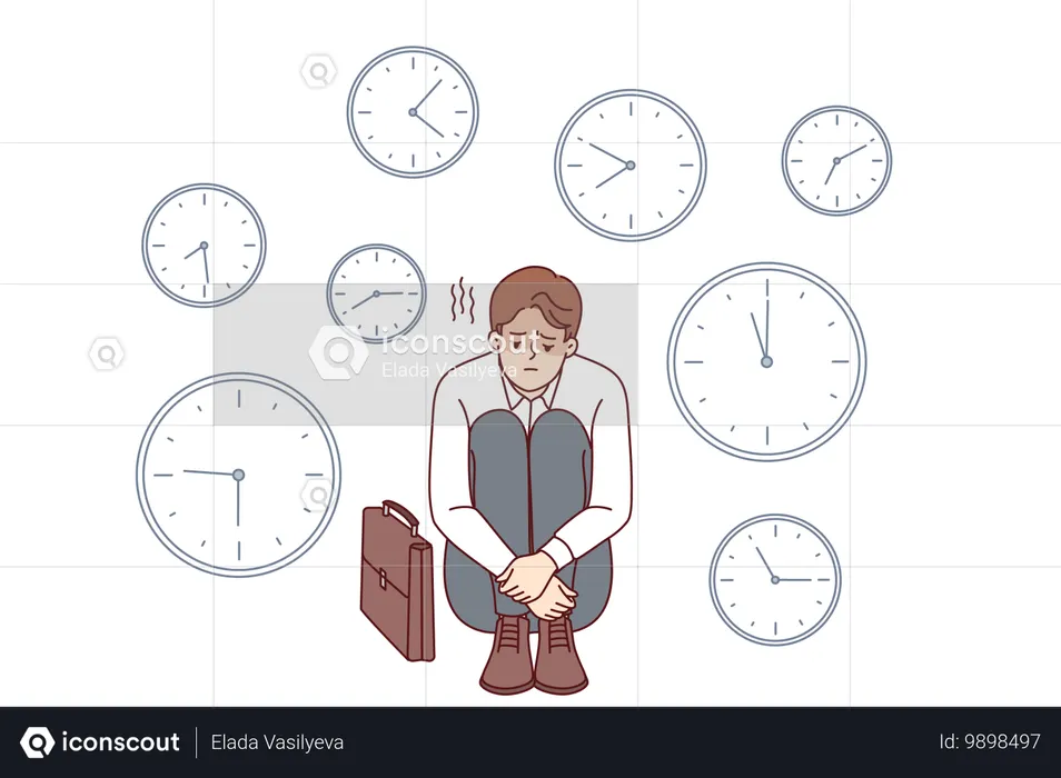 Business man sad because of lack time and problems with missing deadlines causing troubles at work  Illustration