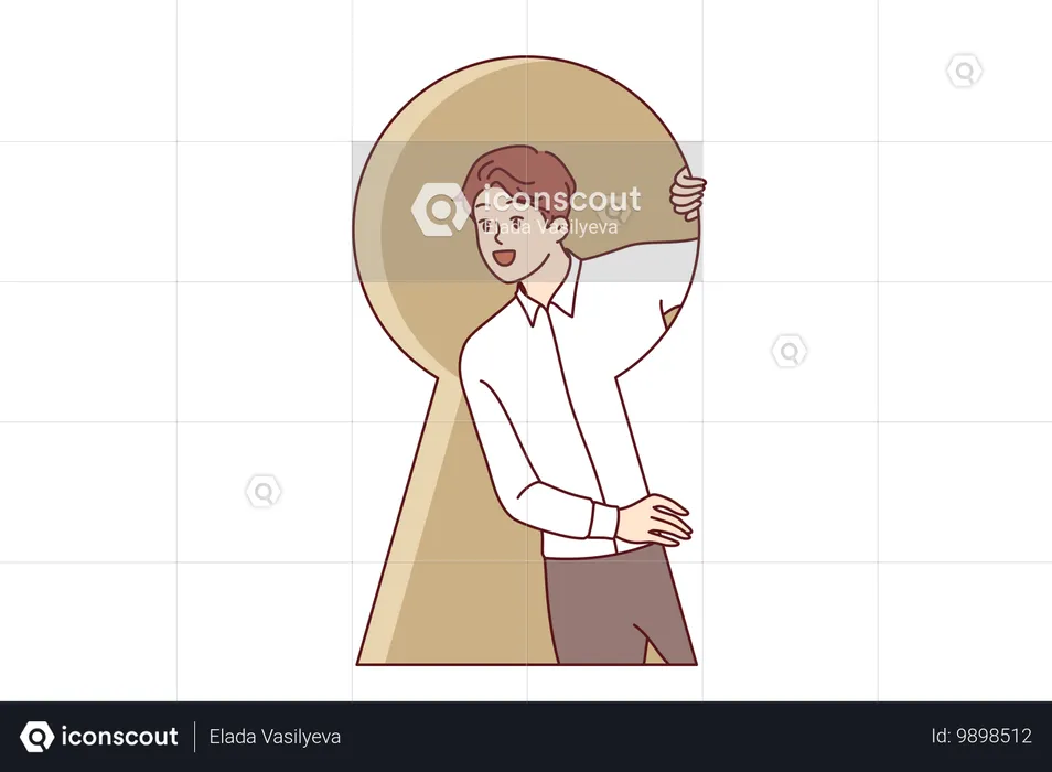 Business man shows curiosity by looking through large keyhole to find out secrets of competitors  Illustration