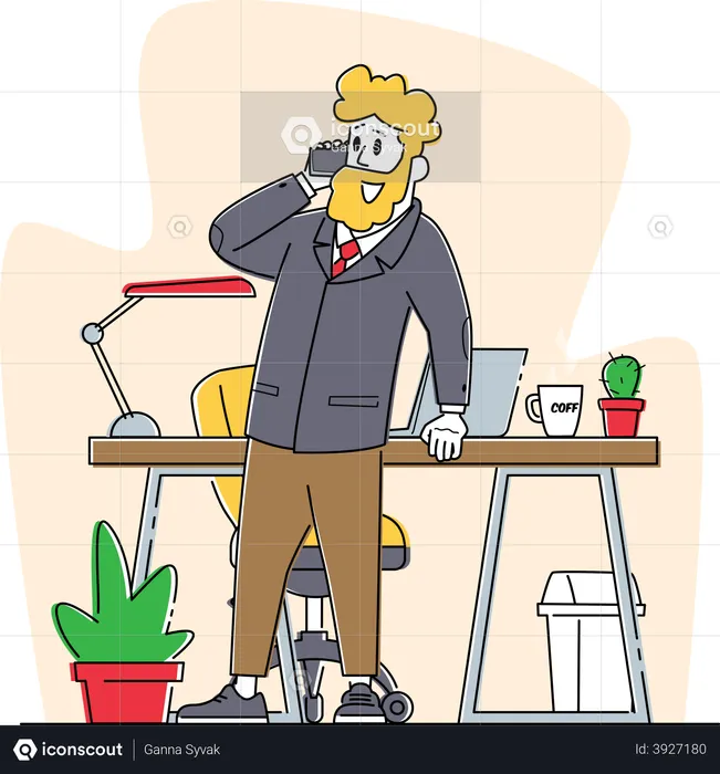 Business Man Speaking by Smartphone in Office with Working Desk  Illustration