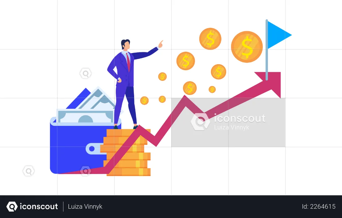 Business Man Stand at Coin Pile Pointing on growth Flag  Illustration
