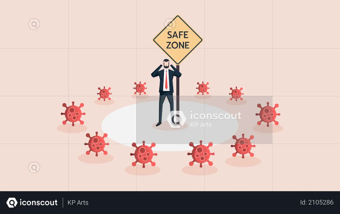 Business Man Stand in Safe Zone Surrounded by Covid-19 Coronavirus Crisis  Illustration