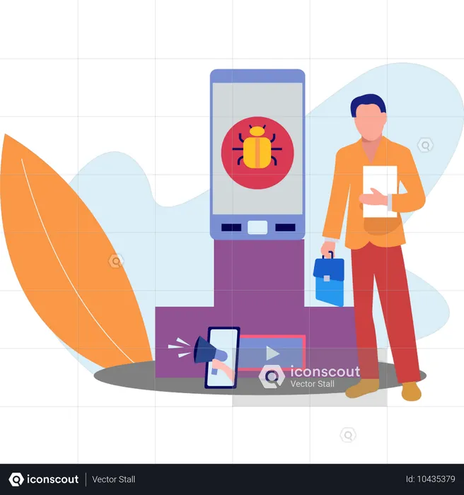 Business man standing next to mobile to check its security  Illustration