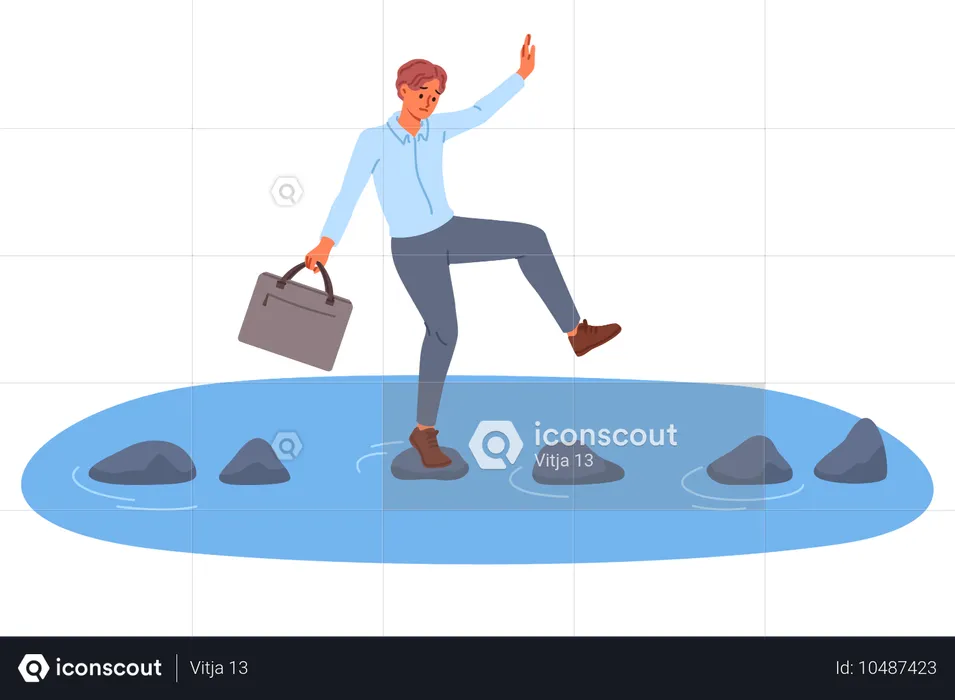 ビジネスマンは目標を達成するために滑りやすい石の上を川を渡るというリスクを負う  イラスト