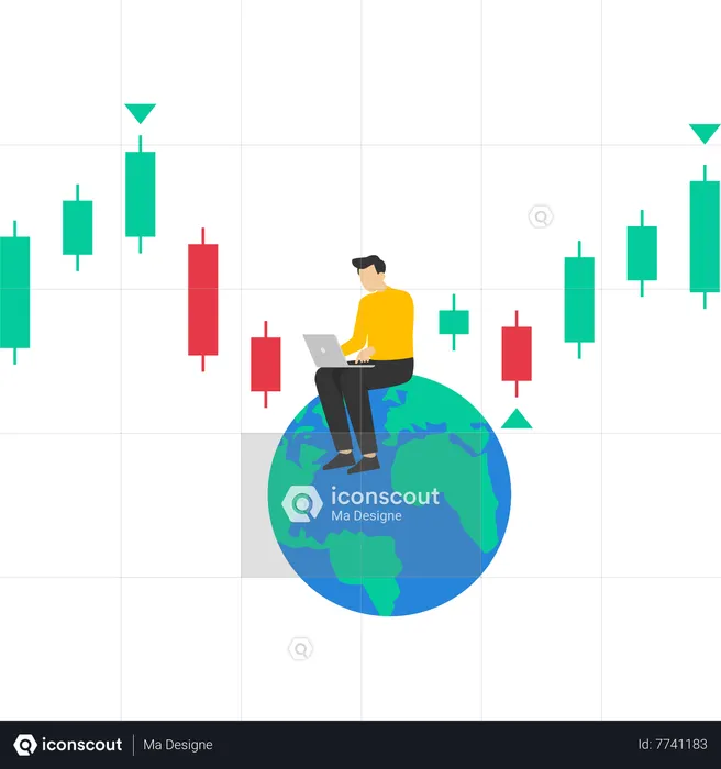 Business man using laptop to monitor stock market  Illustration