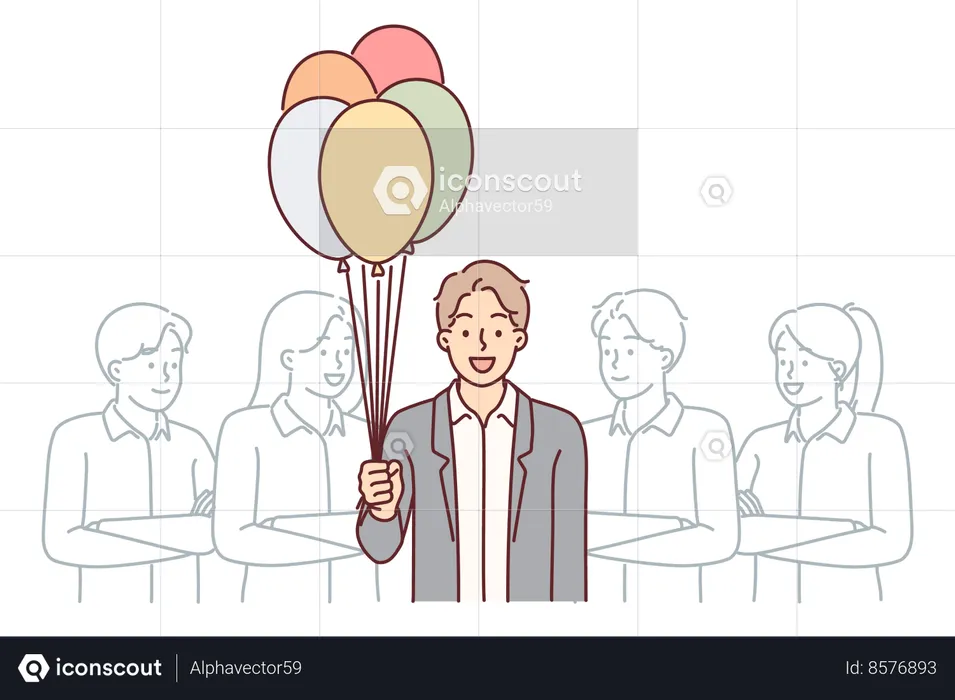 Business man with balloons stands near colleagues  Illustration