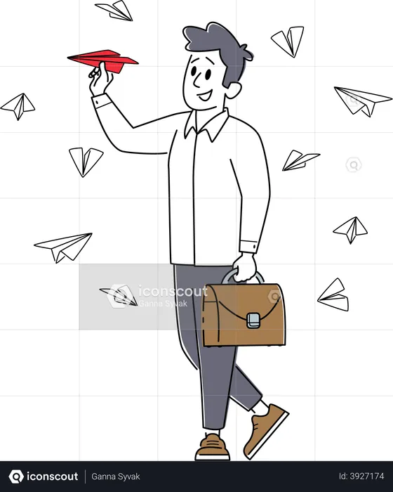 Business Man with Briefcase Flying Paper Airplanes  Illustration
