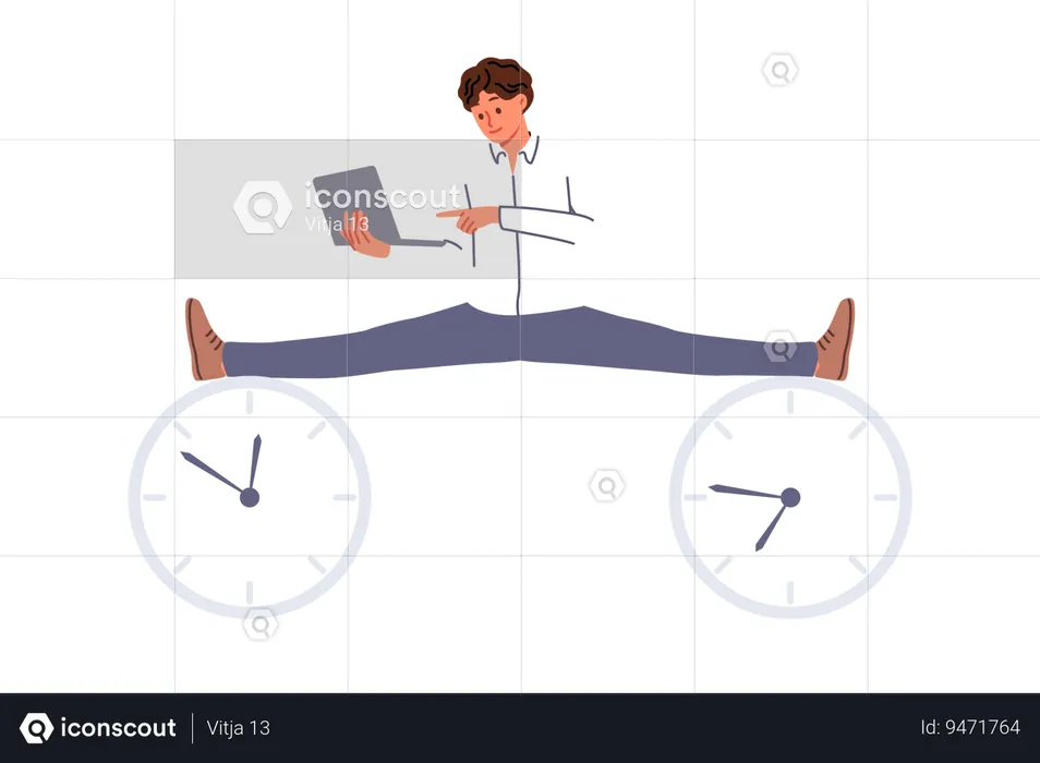 Business man with laptop enjoying flexible work schedule does splits at clock symbolizing deadlines  Illustration