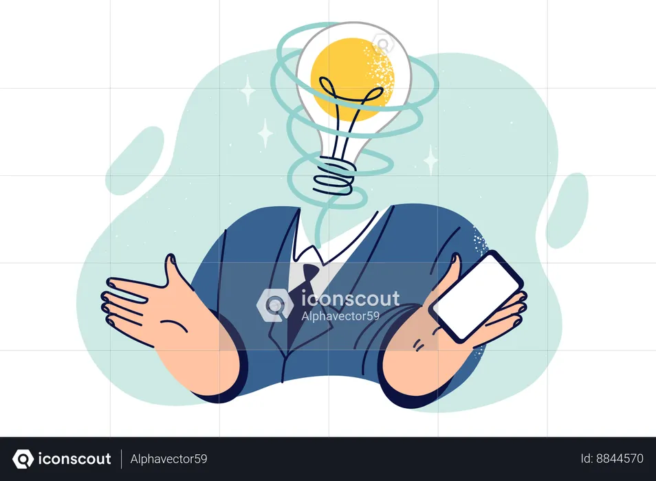 Business man with light bulb instead head symbolizing presence of many ideas for starting business  Illustration