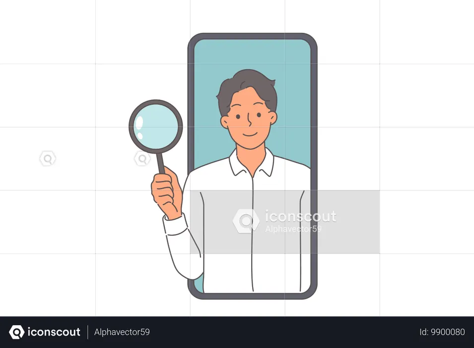虫眼鏡を持ったビジネスマンが携帯電話のディスプレイから外を見て、検索技術の使用を提案している  イラスト