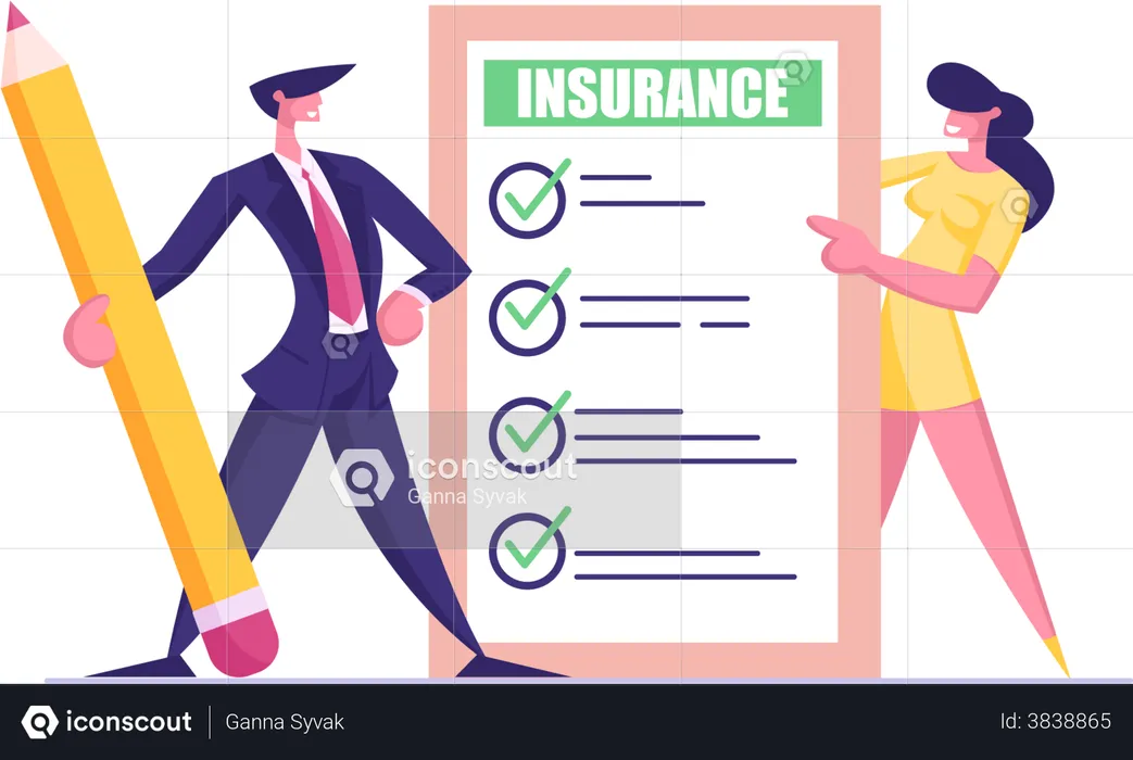 Business Man with Pencil and Young Woman Holding Insurance Certificate with Checklist  Illustration