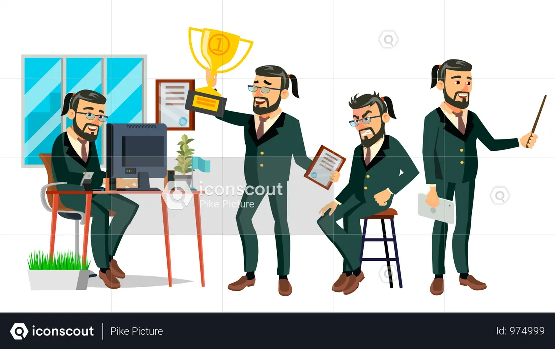 Business Man Working In Office With Winning Gesture  Illustration