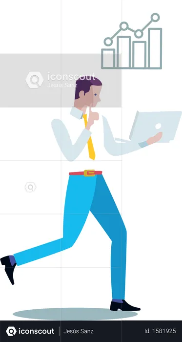 Business man working or analyzing report from his laptop while walking  Illustration