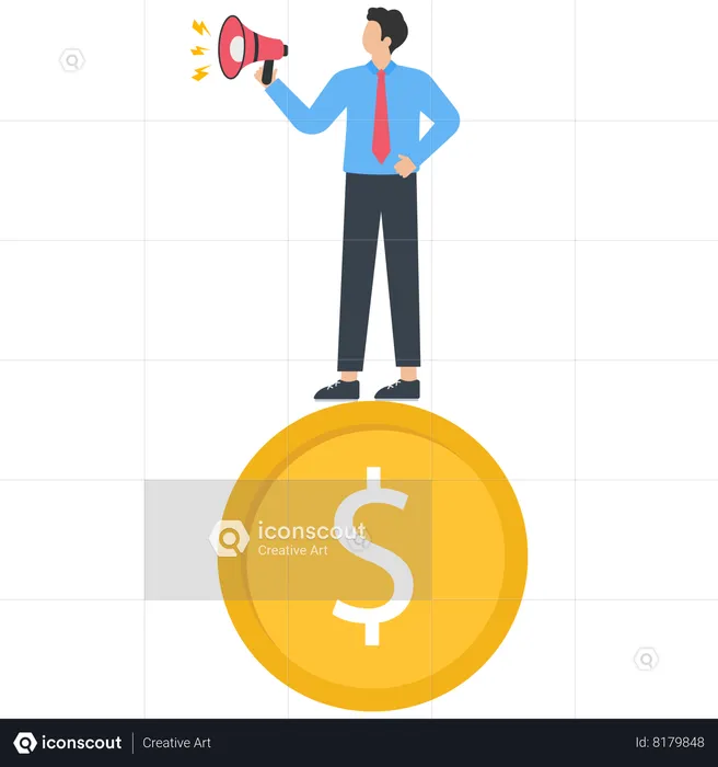 Business manager speaks loudly with gold coins on his feet and a megaphone  Illustration