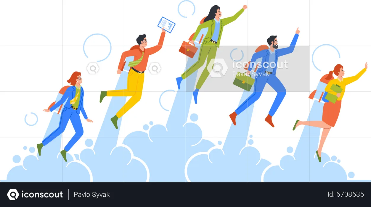 Business Men and Women Take Off with Rocket on Back  Illustration