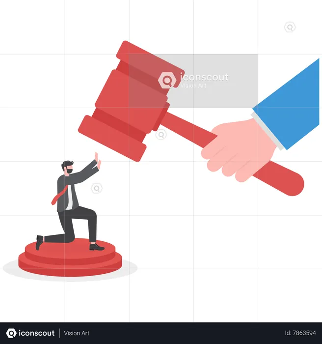 Business owner try to survive from big gavel hammer  Illustration