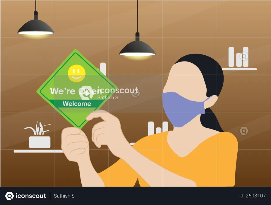 Business owner wearing protective face mask and hanging open sign at her restaurant  Illustration